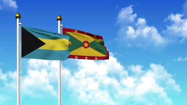 Waving flags of BAHAMAS and GRENADA on pole included with alpha