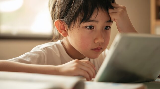 Screen inferiority effect in child learning with tablet showing reduced focus and digital reading fatigue