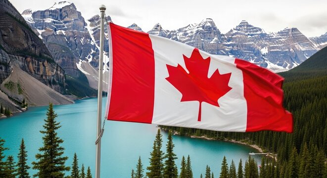 Canadian flag waving against mountain and turquoise lake backdrop