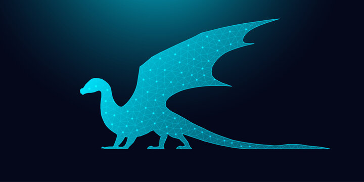 Glowing low poly dragon wireframe on dark background.