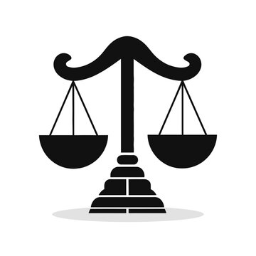 Black silhouette icon of classic scales of justice with two bowls. A concise vector illustration symbolizing the legal system, law, or balance.