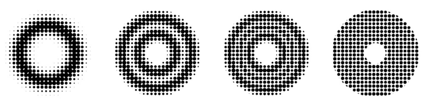 A set of circular graphic elements with a concentric halftone effect, creating a target or ripple look. Vector illustration for retro design and visual accents.