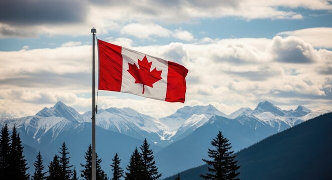Canadian flag waving against mountainous landscape