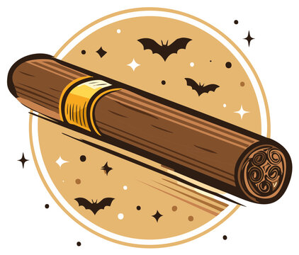 Cartoon cigar illustration with flying bats and sparkling stars on a mystical night circle
