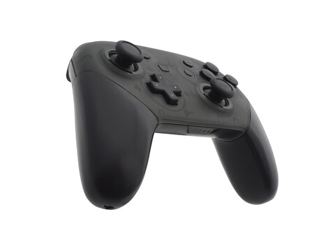 Close up, single black gamepad, joypad or joystick for gaming console or computer to control game or various electronic devices, isolated object on transparent background.