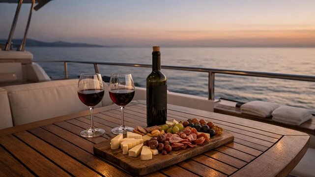 Romantic seaside aperitif with red wine, cheese, and charcuterie on a yacht deck at sunset, capturing luxury travel and an elegant Mediterranean lifestyle.