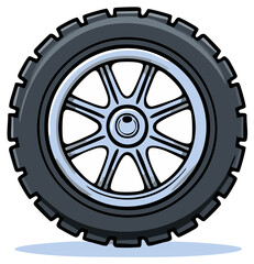 Fototapeta premium Stylized cartoon car wheel with detailed treaded tire and spoked metal rim vector illustration