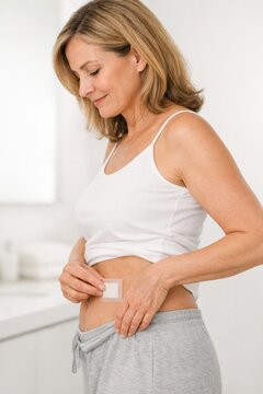 Lower abdomen hormone patch application shows HRT self care menopause treatment symptom relief and midlife womens wellness concept for healthcare marketing and stock use daily