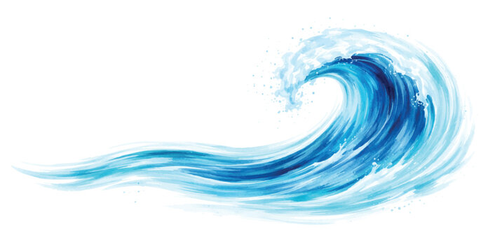 A horizontal ocean sea wave rendered in watercolor blues, crossing a clean white background wallpaper