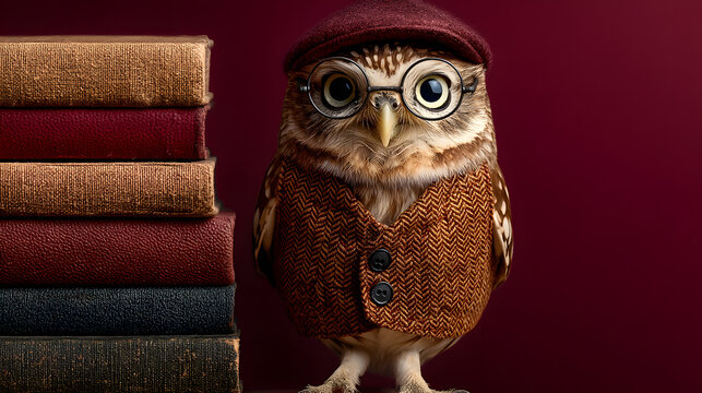 Cute owl wearing tweed vest and round glasses standing beside stack of book dark background