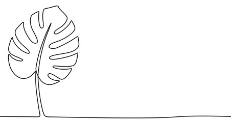 Fototapeta premium Illustration of a monstera leaf, made in one continuous line. Tropical leaf drawing with a black stroke on a white background, vector illustration
