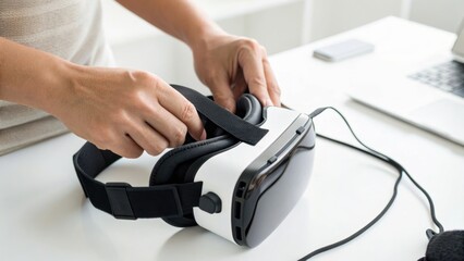 Fototapeta premium Person adjusting a white virtual reality headset on a desk next to a laptop and smartphone in a bright room.
