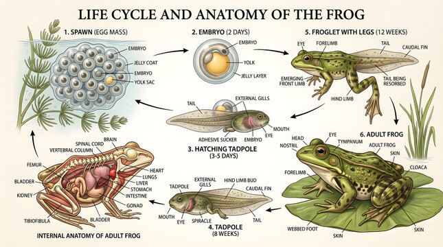 Life Cycle and Anatomy of the Frog Illustrated from Spawn Eggs and Embryo Through Tadpole, Metamorph Tadpole with Legs, Froglet, and Adult Frog, Including Labeled Internal Organs to Teach Amphibian St