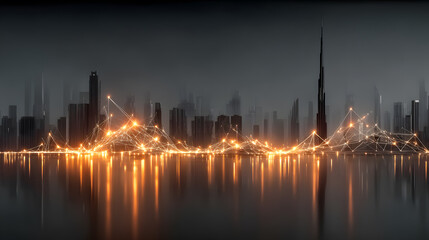 Fototapeta premium Smart City Skyline Glowing Network Node Connection Line Night Urban Technology Future