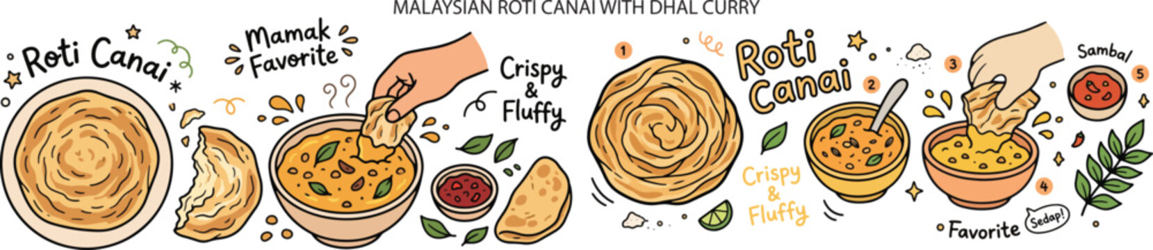 Malaysian Roti Canai with dhal curry, Illustration Doodle Cartoon Collection