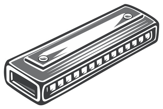 Illustration of a grayscale harmonica, a wind musical instrument in retro style.