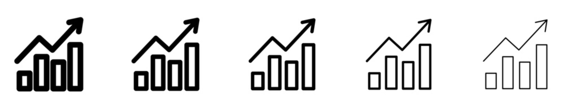 Set of linear growth chart icons with different stroke weights. Minimalist symbols of financial success, analytics, and positive business development dynamics. Vector illustration.