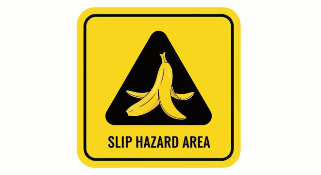 Yellow sign warns of a slip hazard with a banana peel icon
