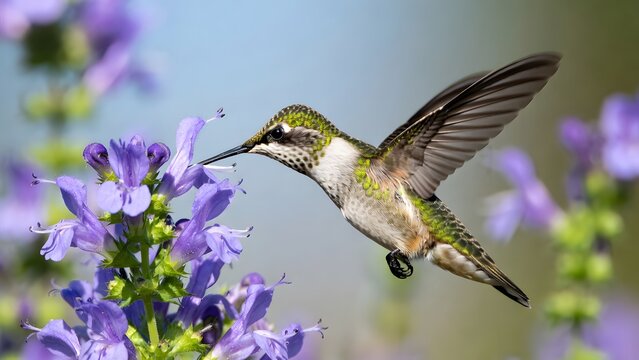 Hummingbird drinking from tall purple flower spikes. Seasonal migration and garden ecosystem concept. Close up of a green bird feeding on lavender blossoms in the sun