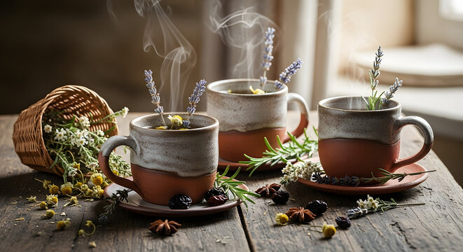 Three tea cups with herbs inside.
