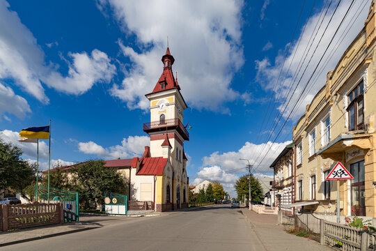 Rava-Ruska Town Hall with clock tower in Lviv region, Ukraine