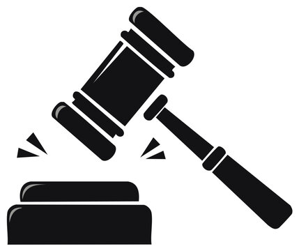 Black silhouette of a judge's gavel striking a sounding block, symbolizing justice and legal decisions