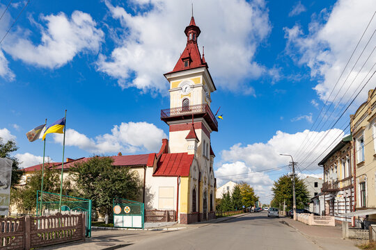 Rava-Ruska Town Hall with clock tower in Lviv region, Ukraine