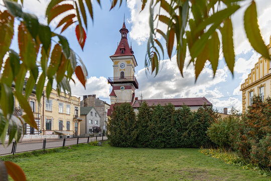 Rava-Ruska Town Hall with clock tower in Lviv region, Ukraine