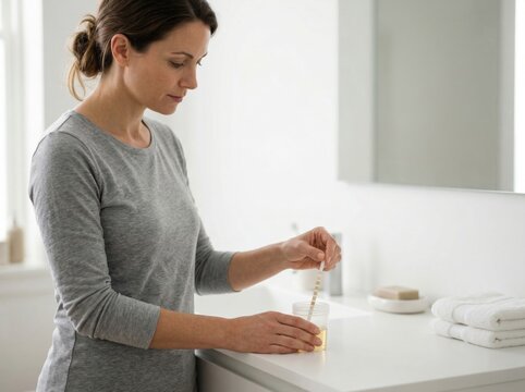 Urine dipstick test in sample cup shows home diagnostics infection screening daily self monitoring and practical care concept for laboratory marketing and healthcare stock use