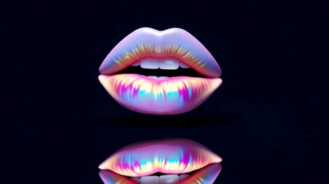 Glossy, iridescent lips reflecting vibrant colors against a dark background, ideal for beauty themes