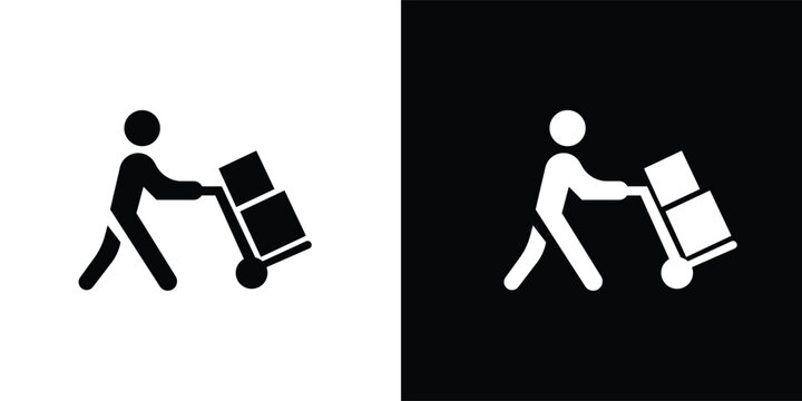 Stick figure pushing a hand truck with boxes