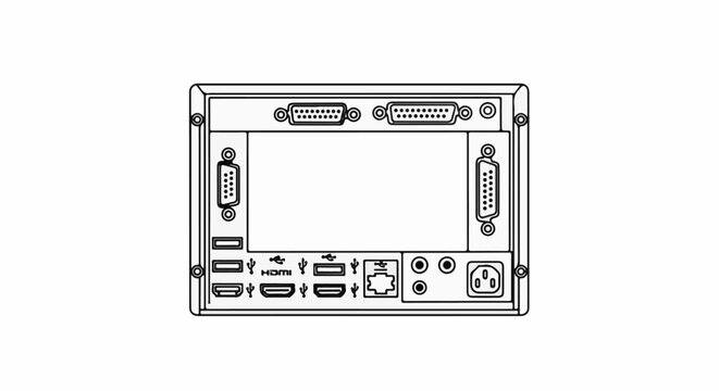 Wireframe illustration of a device's rear panel with multiple ports