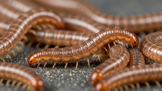 Macro view capturing aggregation of millipedes exhibiting segmented bodies and numerous legs on a