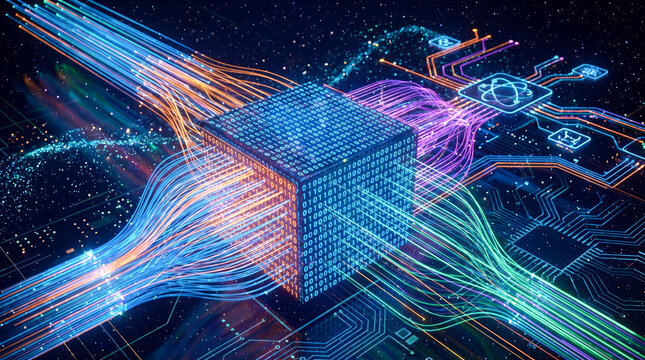 glowing binary data cube processing complex digital information streams colorful fiber optic network connections futuristic circuit board artificial intelligence quantum technology background