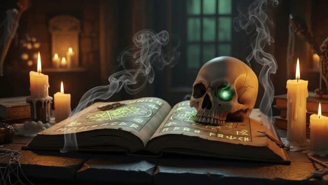 Ominous arcane ritual composition featuring human skull mystical book candlelight and smoke