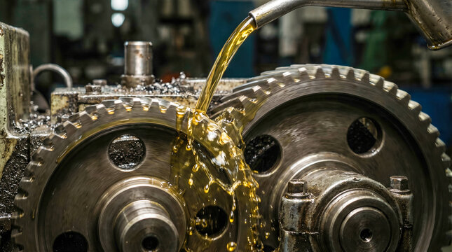 yellow industrial lubricating oil pouring onto heavy metal gears factory machinery functioning mechanical parts manufacturing process engineering equipment maintenance repair plant power background