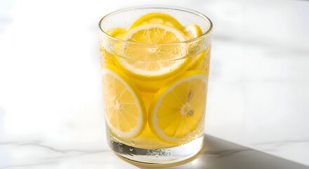 Fototapeta premium Refreshing Citrus Infused Water with Ice Lemon and Lime in Glass Sunlit Summer Beverage Healthy Lifestyle Concept
