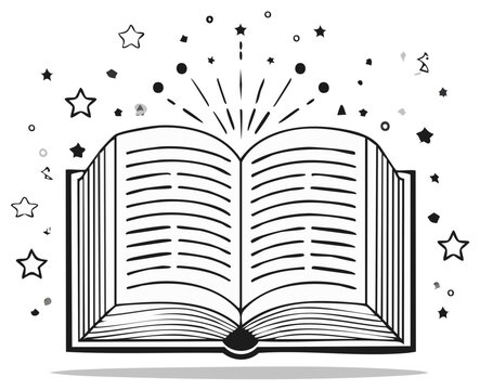 Open book emitting light rays and stars, representing knowledge, imagination, reading, learning, and education.