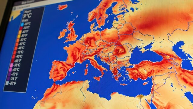 Temperature variations across europe and parts of asia displayed on a digital heat map for