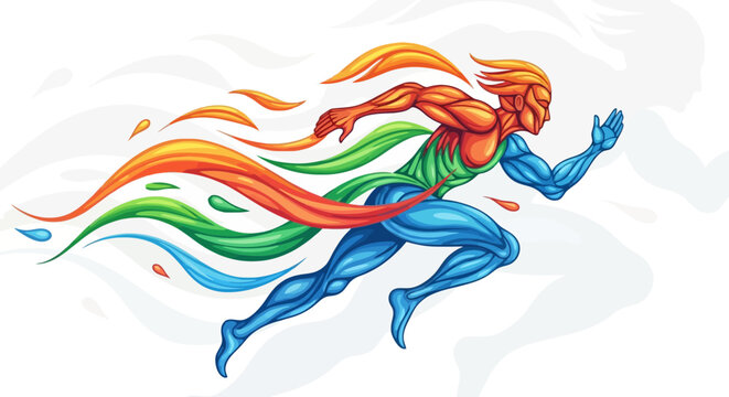 Abstract style athlete running forward at full speed vibrant multicolored body and dynamic motion trails energy concept