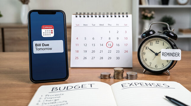 personal financial planning smartphone displaying bill due reminder near open notebook showing budget expenses calendar stack of coins alarm clock on wooden desk