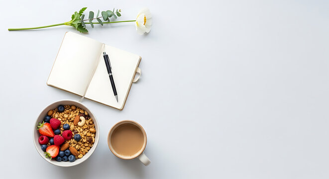 A serene morning setup with a bowl of granola and fruits next to a cup of coffee and an open notebook on a clean surface
