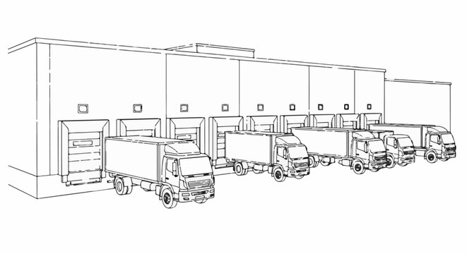Warehouse loading docks with multiple trucks parked in line