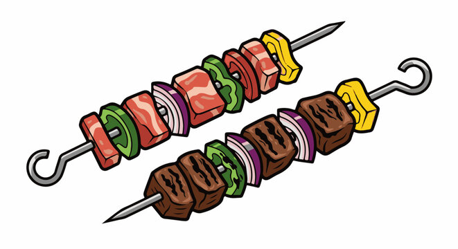 Two skewers with chunks of meat, onions, and peppers on metal spits