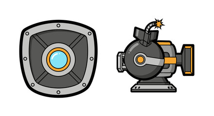 Cartoon bomb cannon turret and shield set in grey and orange with round center  illustration for defense and destruction concepts © Undangan