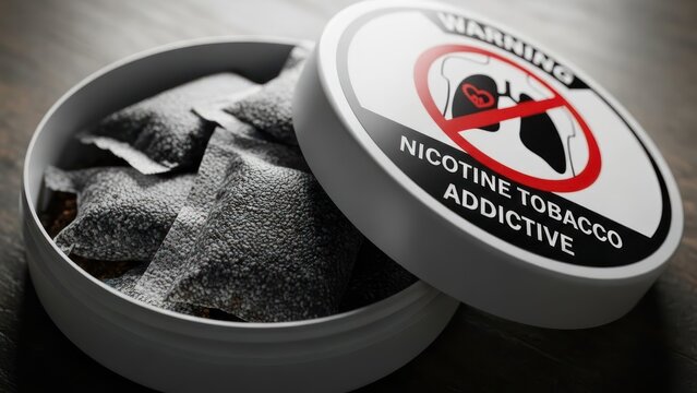 Close-up showcasing nicotine pouches in a round container with health warning label