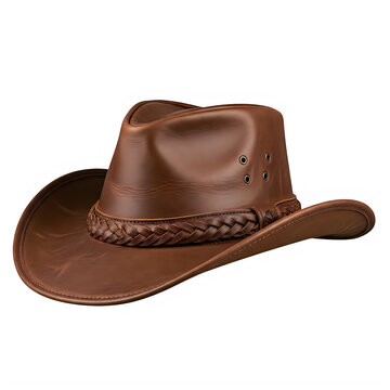 Brown cowboy hat with decorative stitching on white background isolated on transparent background