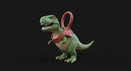 Cartoonish green T-Rex dinosaur toy with red saddle standing against a solid black backdrop  a whimsical imaginative design © Undangan