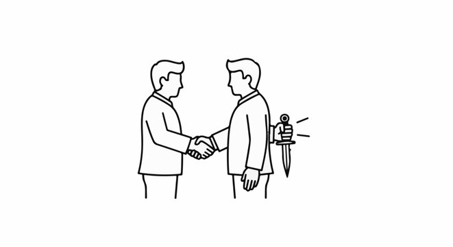 Two men shake hands while one hides a knife behind his back