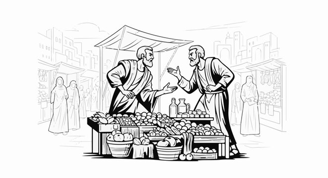 Two men haggle over produce at a bustling ancient marketplace stall